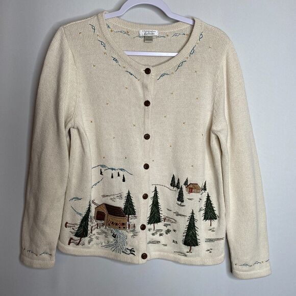 Christopher & Banks Winter Forest Cabin Full Button Sweater Cardigan Size L - Picture 1 of 14